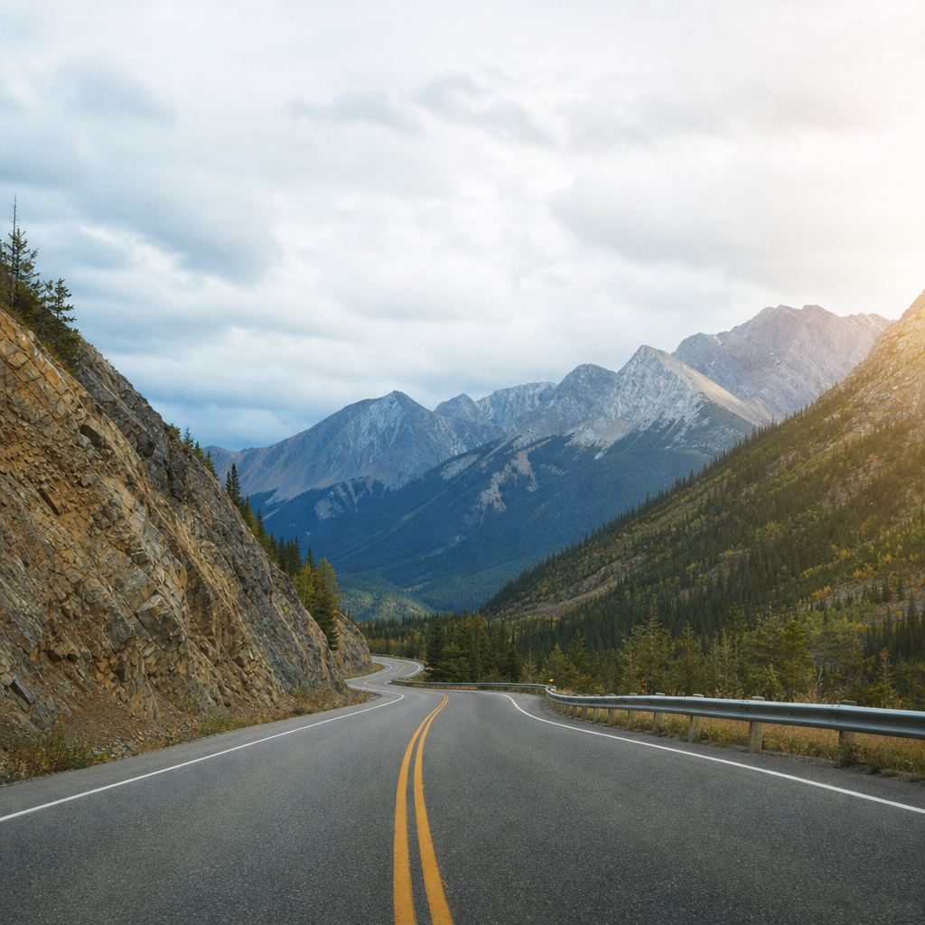 A mountain highway curving forward through a valley toward sunlit peaks at dawn