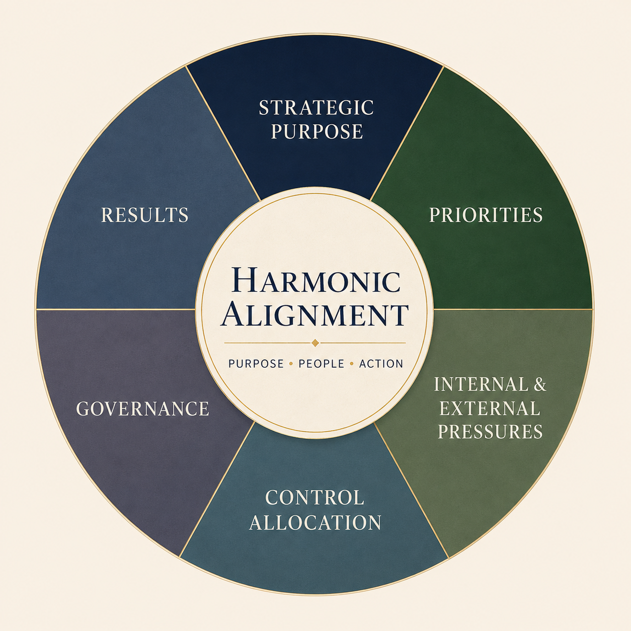 Executive Alignment Model wheel with six interactive disciplines around Harmonic Alignment