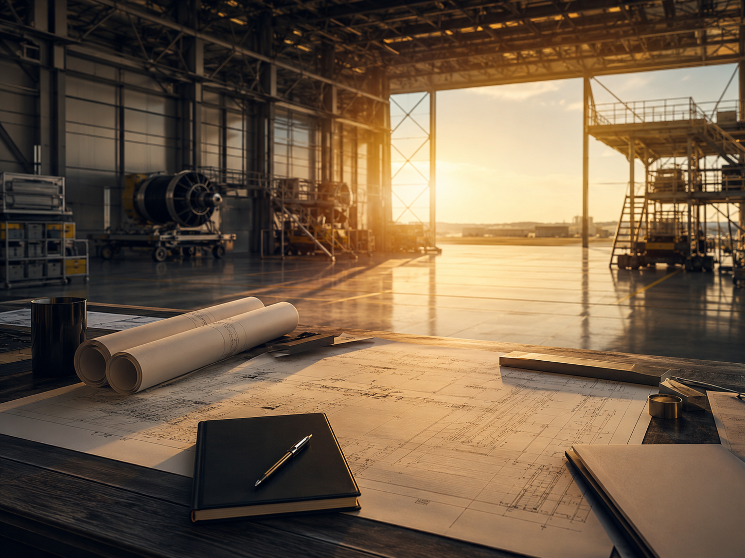 A blueprint workspace at golden hour, symbolizing thoughtful reconstruction, planning, and leadership in action