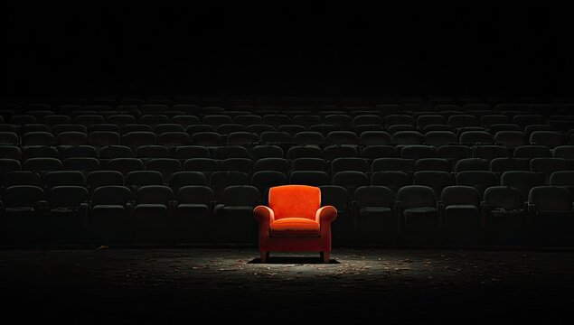A single spotlit chair in an empty auditorium